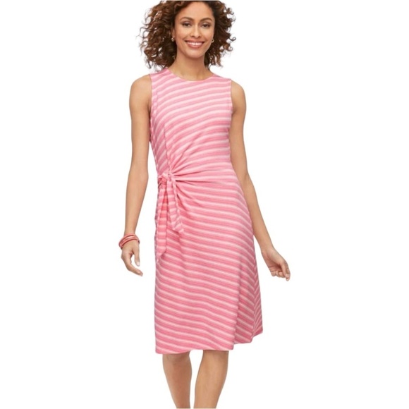 TALBOTS Day Dress Rayon Span Sleeveless Jersey Knit PINK Stripe Side Tie XL - Picture 1 of 7